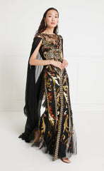 Novella Embellished Cape Gown - Black